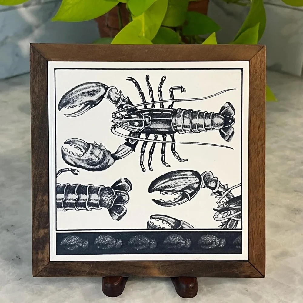 Seace Porcelain Lobster Tile Framed Nautical Coastal Kitchen Wall Decor